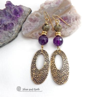 Gold Brass  Earrings with Purple Amethyst Gemstones - Elegant Chic Egyptian Style Jewelry