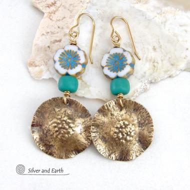 Textured Gold Brass Earrings with White & Blue Flower Glass Beads - Nature Gifts for Women