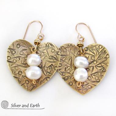 Gold Brass Heart Earrings with White Pearls - Anniversary Gifts for Women