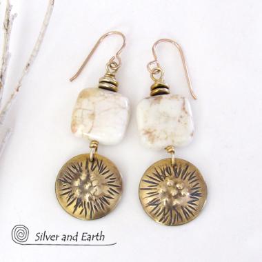 Textured Gold Brass Dangle Earrings with White Magnesite Stones