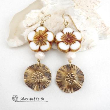 White Flower Gold Brass Earrings with Faceted Crystal Beads - Modern Elegant Nature Jewelry Gifts for Women