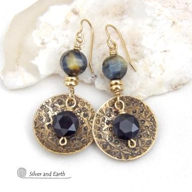 Gold Brass Earrings with Faceted Black Onyx and Golden Black Tiger's Eye Gemstones