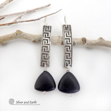 Sterling Silver Greek Key Earrings with Matte Black Onyx Triangle Stones