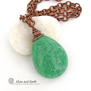 Large Chunky Green Jade Pendant Necklace Copper Wire Wrapped - Modern Earthy Natural Stone Jewelry