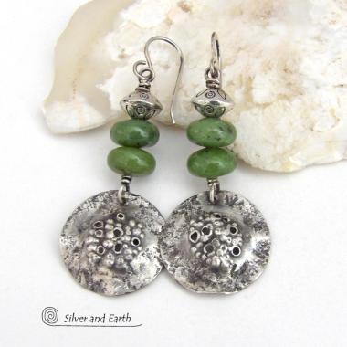 Modern Earthy Sterling Silver Earrings with Canadian Green Jade Gemstones
