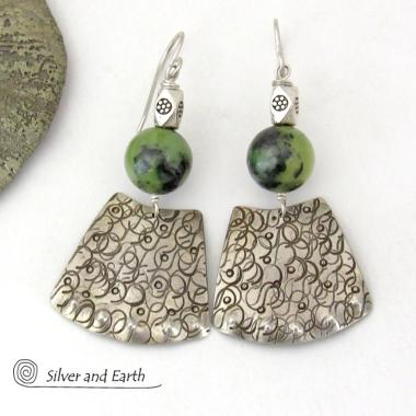 Bold Exotic Sterling Silver Earrings with Green Jade Gemstones