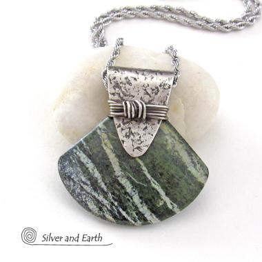 Green Zebra Jasper Sterling Silver Necklace - Unique Natural One of Kind Stone Jewelry
