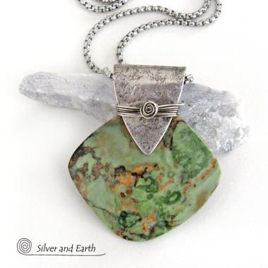 Green Rhyolite Jasper Sterling Silver Necklace - Handcrafted Unique One of a Kind Natural Stone Jewelry