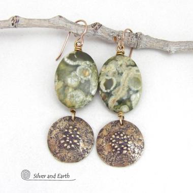 Green Rainforest Jasper Gemstone Earrings with Hammered Gold Brass Dangles