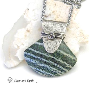 Green Zebra Jasper Sterling Silver Necklace - Unique Natural One of a Kind Stone Jewelry