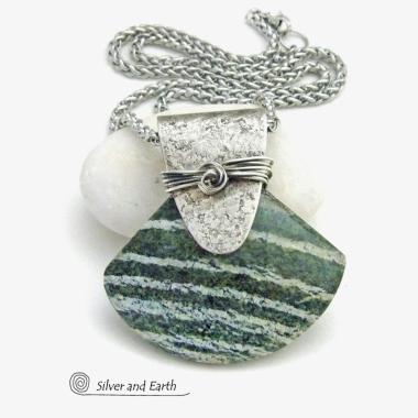 Green Zebra Jasper Sterling Silver Necklace - Unique Natural One of a Kind Stone Jewelry