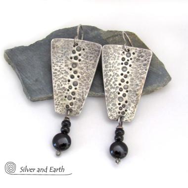 Hammered Sterling Silver Earrings with Black Onyx Dangles - Artisan Handmade Earthy Organic Edgy Modern Jewelry