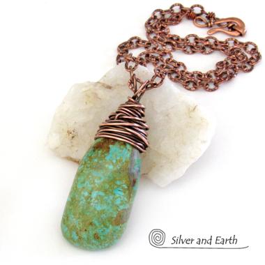 Kingman Turquoise Pendant with Textured Copper Chain - American Turquoise Jewelry