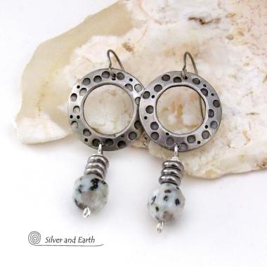 Silver Pewter Hand Stamped Hoop Earrings with Kiwi Jasper Stones - Modern Earthy Natural Stone Jewelry