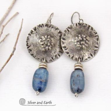 Textured Sterling Silver Earrings with Blue Kyanite Dangles - Artisan Handcrafted Sterling and Gemstone Jewelry