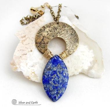Blue Lapis Lazuli Gold Brass Pendant Necklace - Bold Chic Natural Gemstone Jewelry