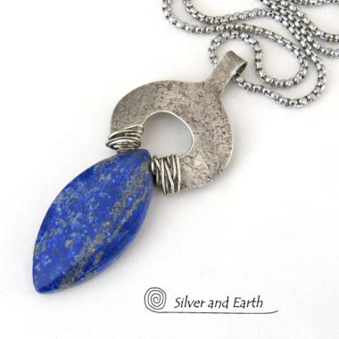 Sterling Silver Pendant Necklace with Natural Blue Lapis Lazuli Gemstone 