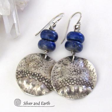 Sterling Silver Dangle Earrings with Blue Lapis Gemstones - Bold Modern Unique Artisan Handcrafted Jewelry