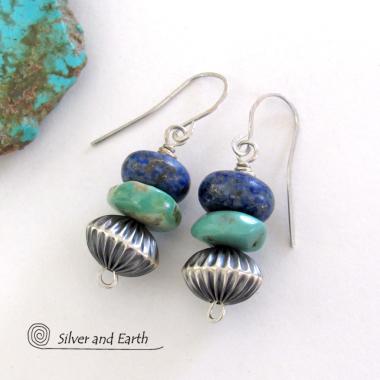 Turquoise & Lapis Earrings with "Navajo Pearl Style" Sterling Silver Beads