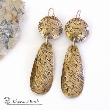 Long Textured Gold Brass Dangle Earrings - Contemporary Modern Metal Jewelry