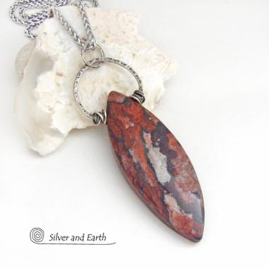 Large Brecciated Red Jasper Stone Necklace with Sterling Silver 
