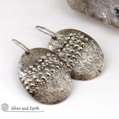 Large Sterling Silver Earrings with Unique Texture - Organic Earthy Silver Jewelry