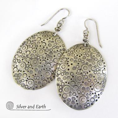 Big Oval Sterling Silver Earrings with Unique Texture - Handcrafted Modern Silver Jewelry