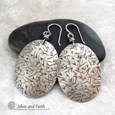 Big Sterling Silver Dangle Earrings with Stamped Texture - Modern Silver Jewelry