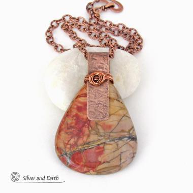 Large Red Creek Jasper Copper Necklace - Bold Earthy Natural Stone Jewelry