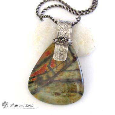 Large Red Creek Jasper Sterling Silver Statement Necklace - One of Kind Natural Stone Jewelry