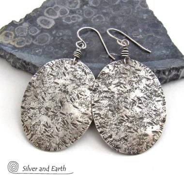 Large Sterling Silver Oval Dangle Earrings with Hammered Rustic Earthy Organic Texture