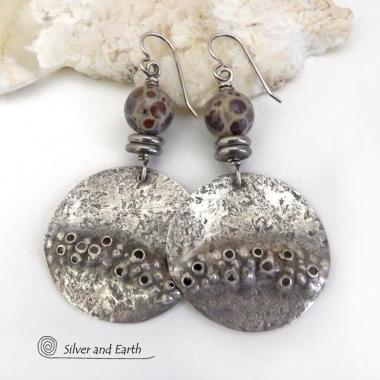 Large Sterling Silver Earrings with Rustic Hammered Texture and Spotted Asteroid Jasper Stones