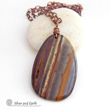 Large Tiger Iron Gemstone Pendant on Copper Chain Necklace - One of a Kind Earthy Natural Stone Jewelry