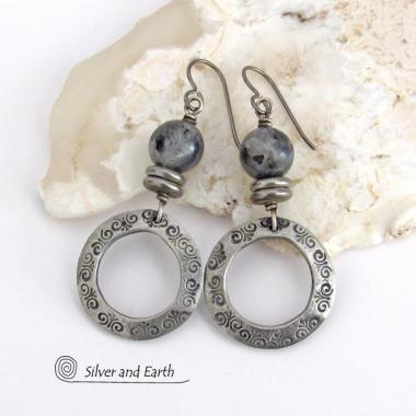 Silver Pewter Hoop Earrings with Larvikite Gemstones - Black Labradorite / Norwegian Moonstone Jewelry