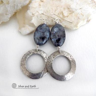 Larvikite Sterling Silver Hoop Dangle Earrings - Norwegian Moonstone Jewelry