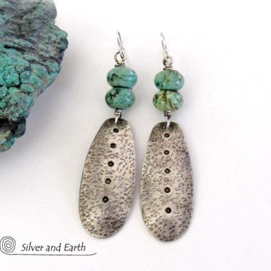 Long Hammered Sterling Silver Dangle Earrings with African Turquoise Stones