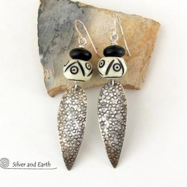 Sterling Silver Tribal Spear Earrings with African Carved Bone & Black Beads - Handcrafted Bold Exotic Ethnic Style Jewelry