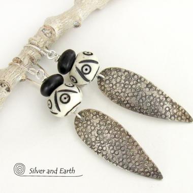 Sterling Silver Tribal Spear Earrings with African Carved Bone & Black Beads - Handcrafted Bold Exotic Ethnic Style Jewelry