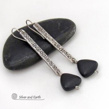 Long Sterling Silver Stick Earrings with Matte Black Onyx Triangle Stone Dangles - Artisan Handcrafted Bold Contemporary Modern Jewelry