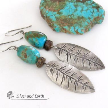 Sterling Silver Feather Earrings with Natural Turquoise and Bronzite Stones - Southwestern Style Jewelry