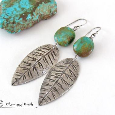 Sterling Silver Feather Earrings with Turquoise - Modern Southwestern Jewelry