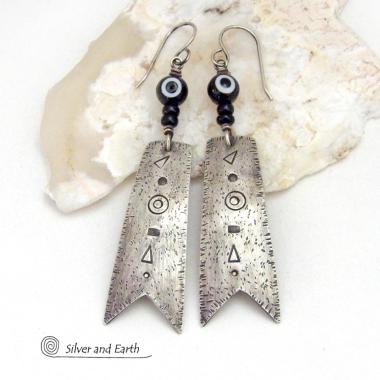 Long Oxidized Sterling Silver Earrings with Hand Stamped Texture - Bold Modern Edgy Tribal Style Jewelry