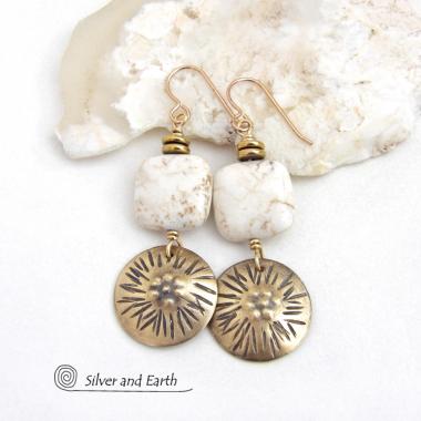 Textured Gold Brass Dangle Earrings with Creamy White Magnesite Stones