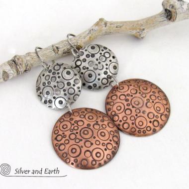 Mixed Metal Earrings with Hand Stamped Sterling Silver & Copper - Unique Contemporary Modern Jewelry