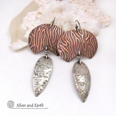 Mixed Metal Sterling Silver & Copper Earrings - Contemporary Modern Jewelry