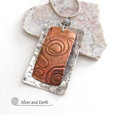 Mixed Metal Pendant Necklace with Textured Sterling Silver & Copper