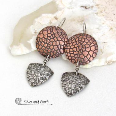 Textured Mixed Metal Copper and Sterling Silver Earrings - Modern Contemporary Artisan Handcrafted Jewelry