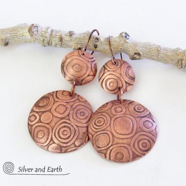 Big Bold Copper Double Dangle Earrings with Abstract Circle Texture - Contemporary Modern Jewelry