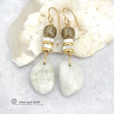 Natural Moonstone Nugget Earrings with Mother of Pearl and Brass Beads