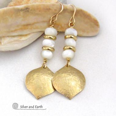 White Mother of Pearl Earrings with Shiny Gold Brass Dangles - Elegant Modern Chic Anniversary and Birthstone Jewelry